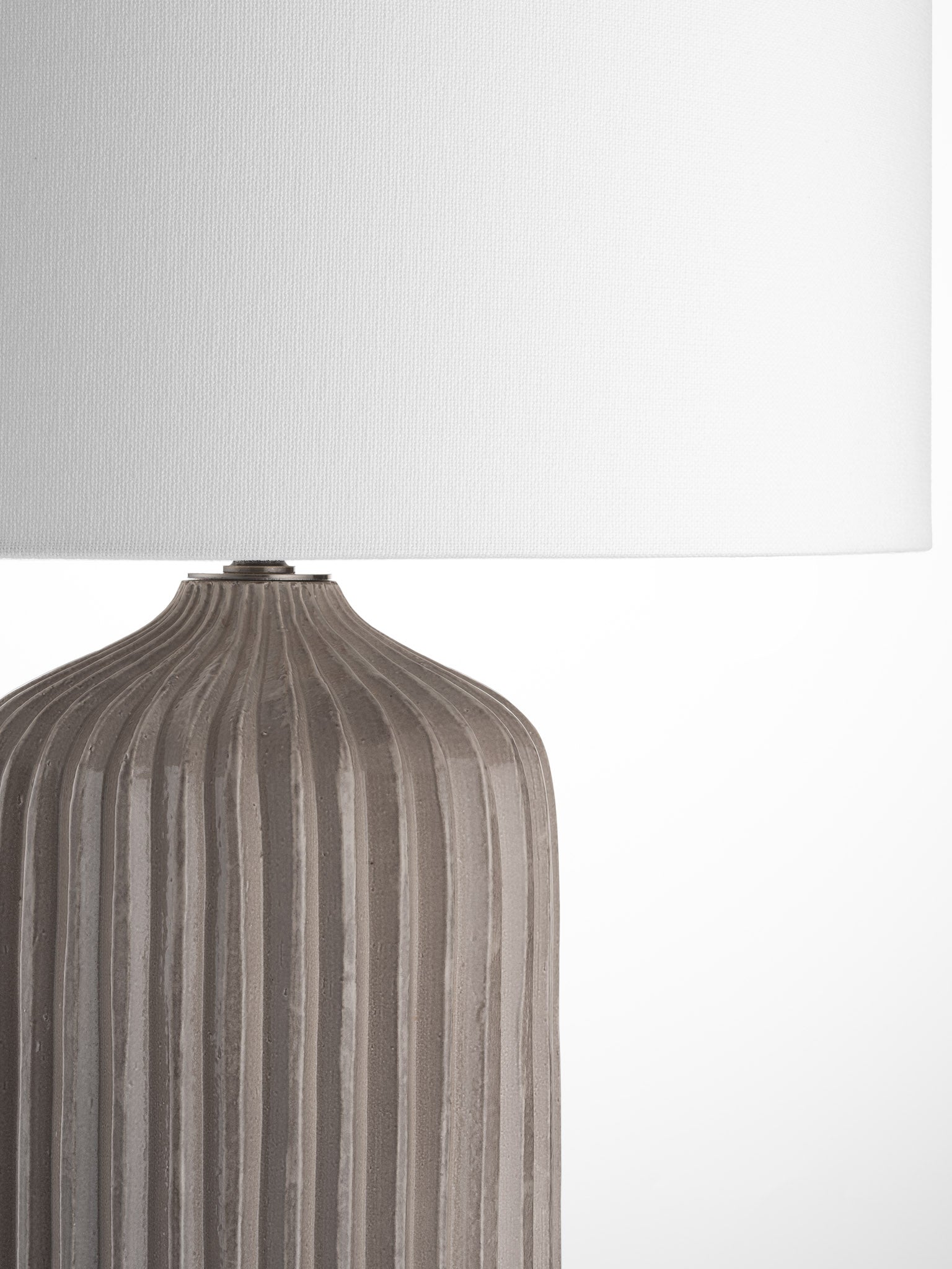 large ceramic brown table lamp with white cotton drum shade