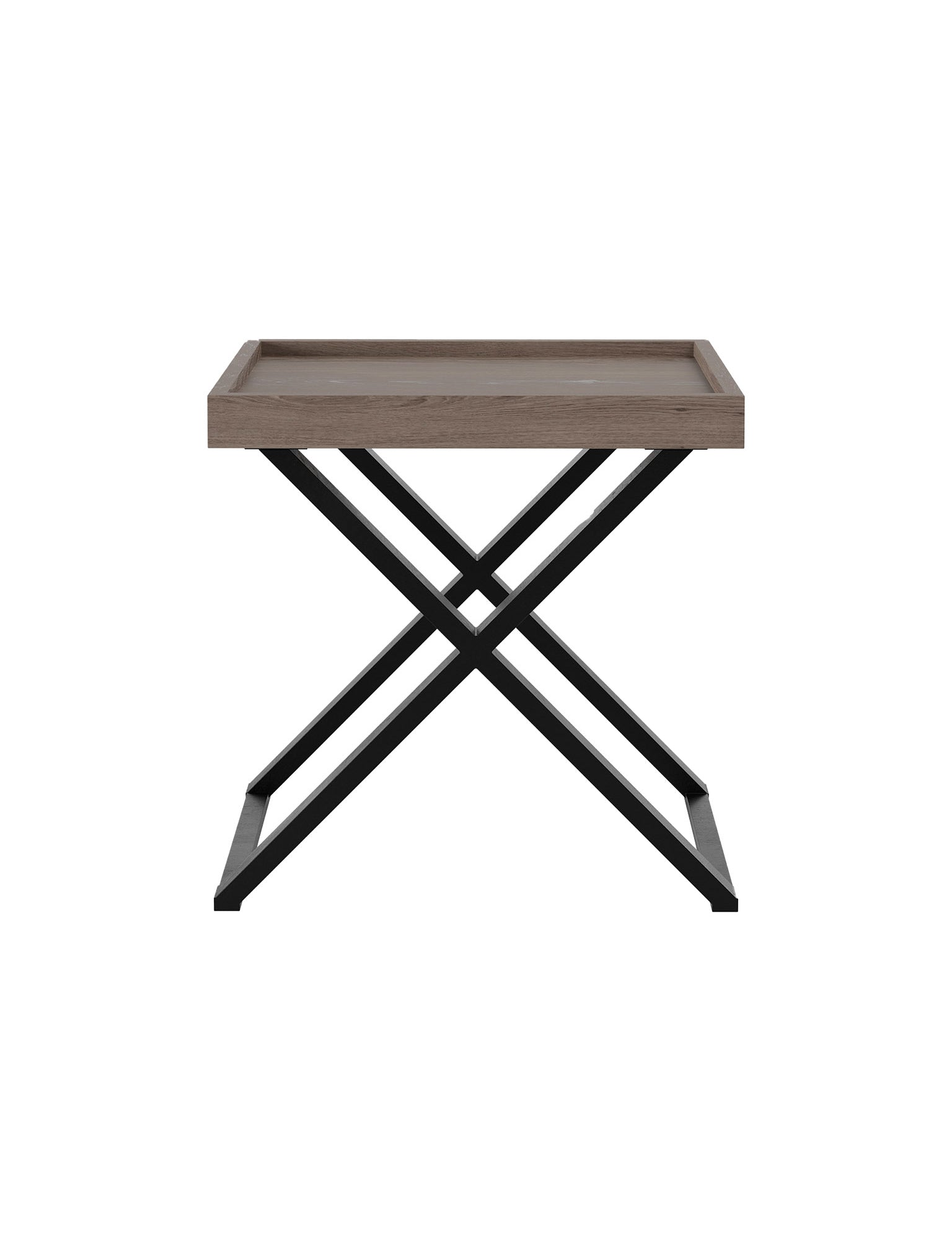 wooden end table with metal crossed legs