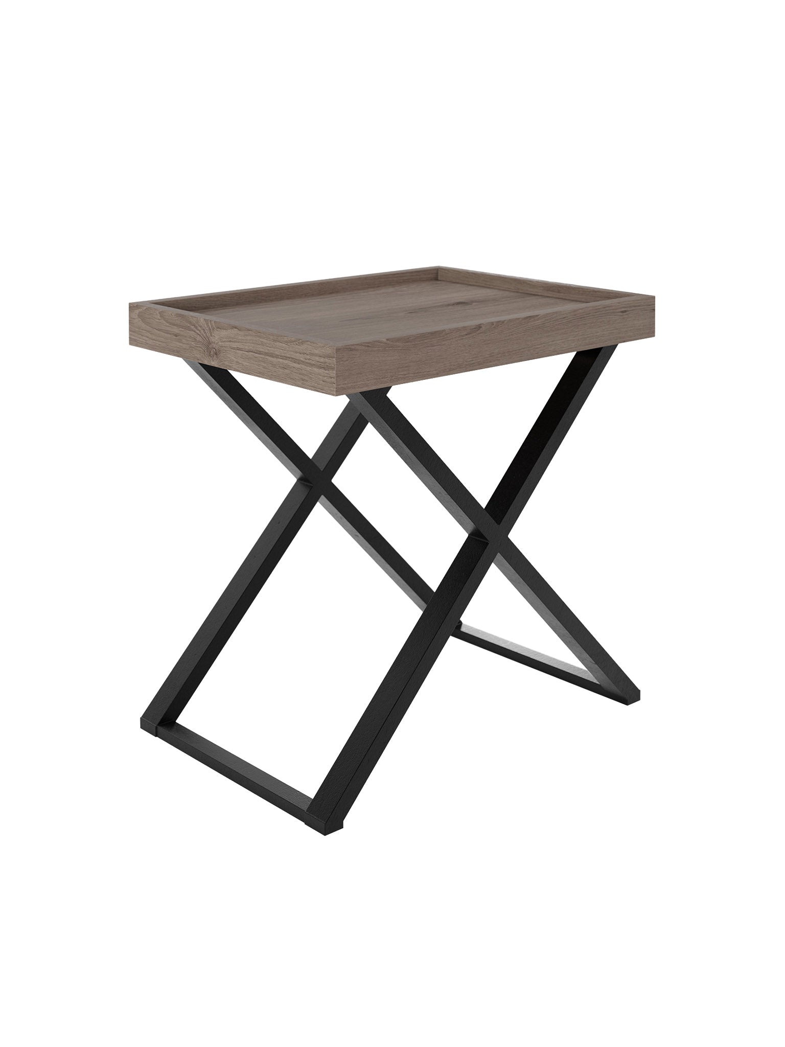 Wooden End table with black Metal crossed legs