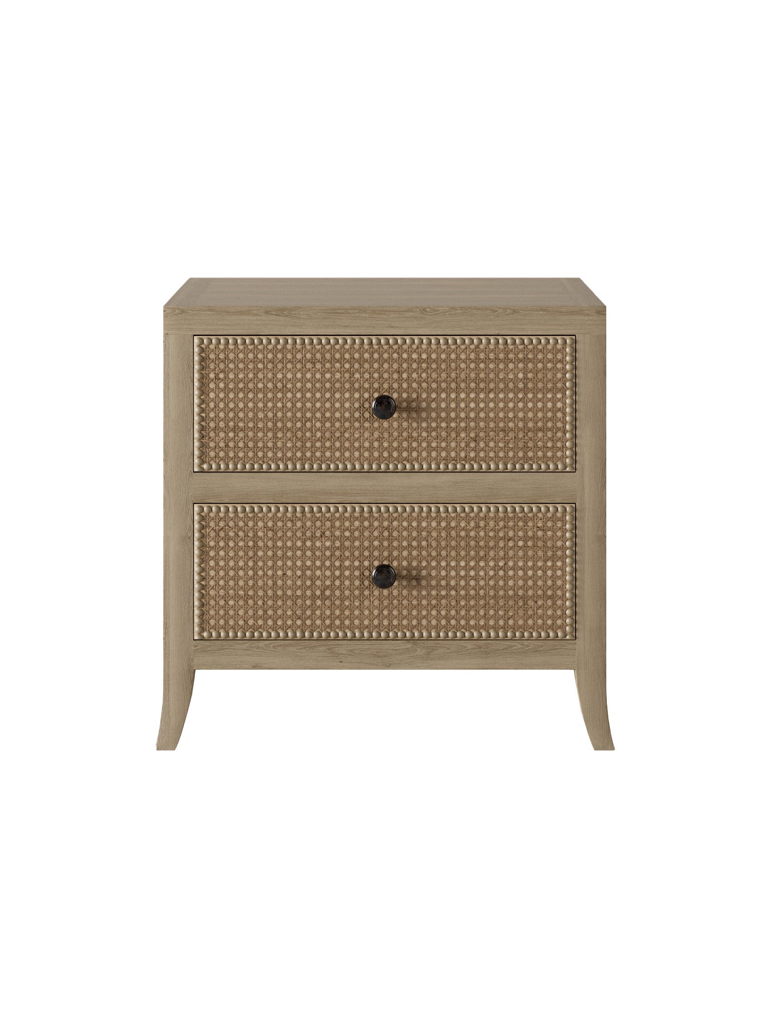 Oak and rattan laticed front 2 drawer bedside table