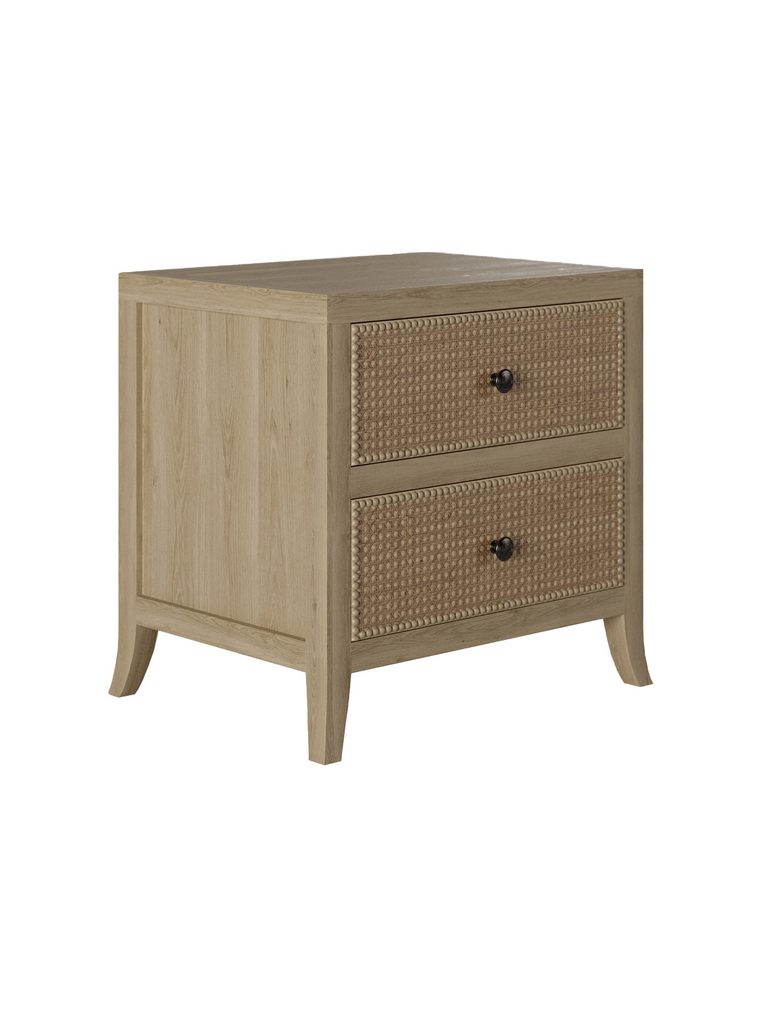 Oak and rattan laticed front 2 drawer bedside table