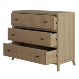 Oak and rattan laticed front 3 drawer chest of drawers