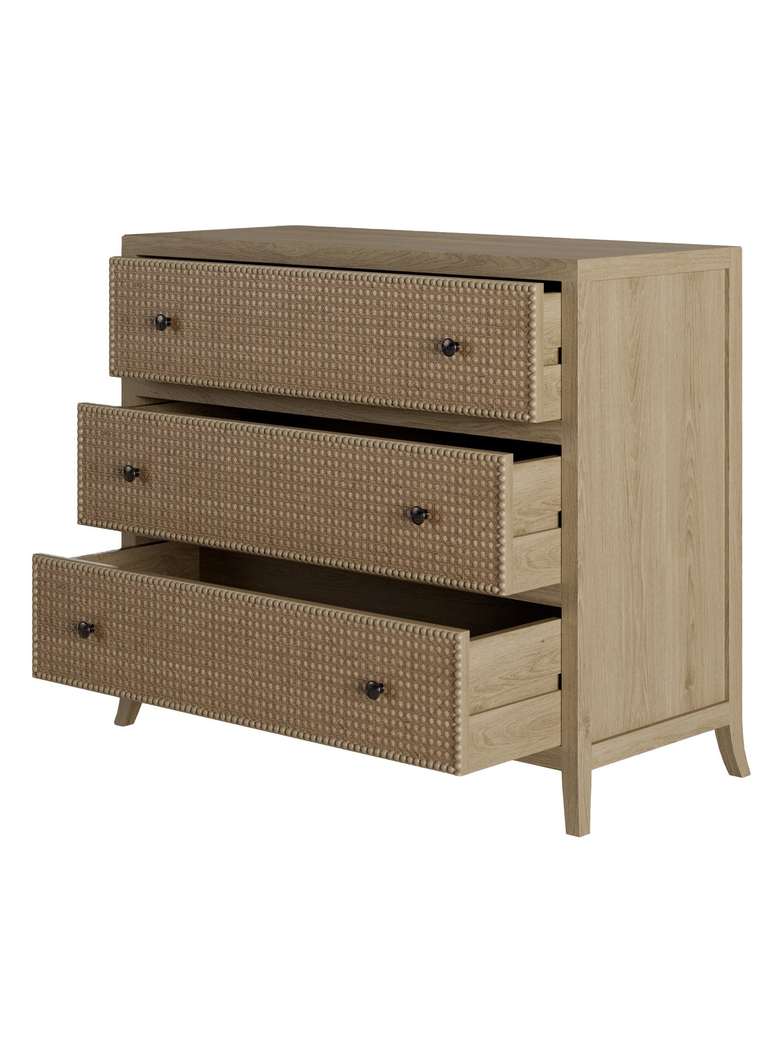 Oak and rattan laticed front 3 drawer chest of drawers