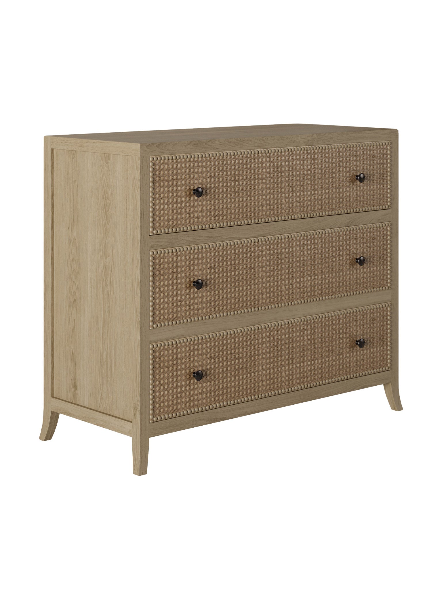 Oak and rattan laticed front 3 drawer chest of drawers