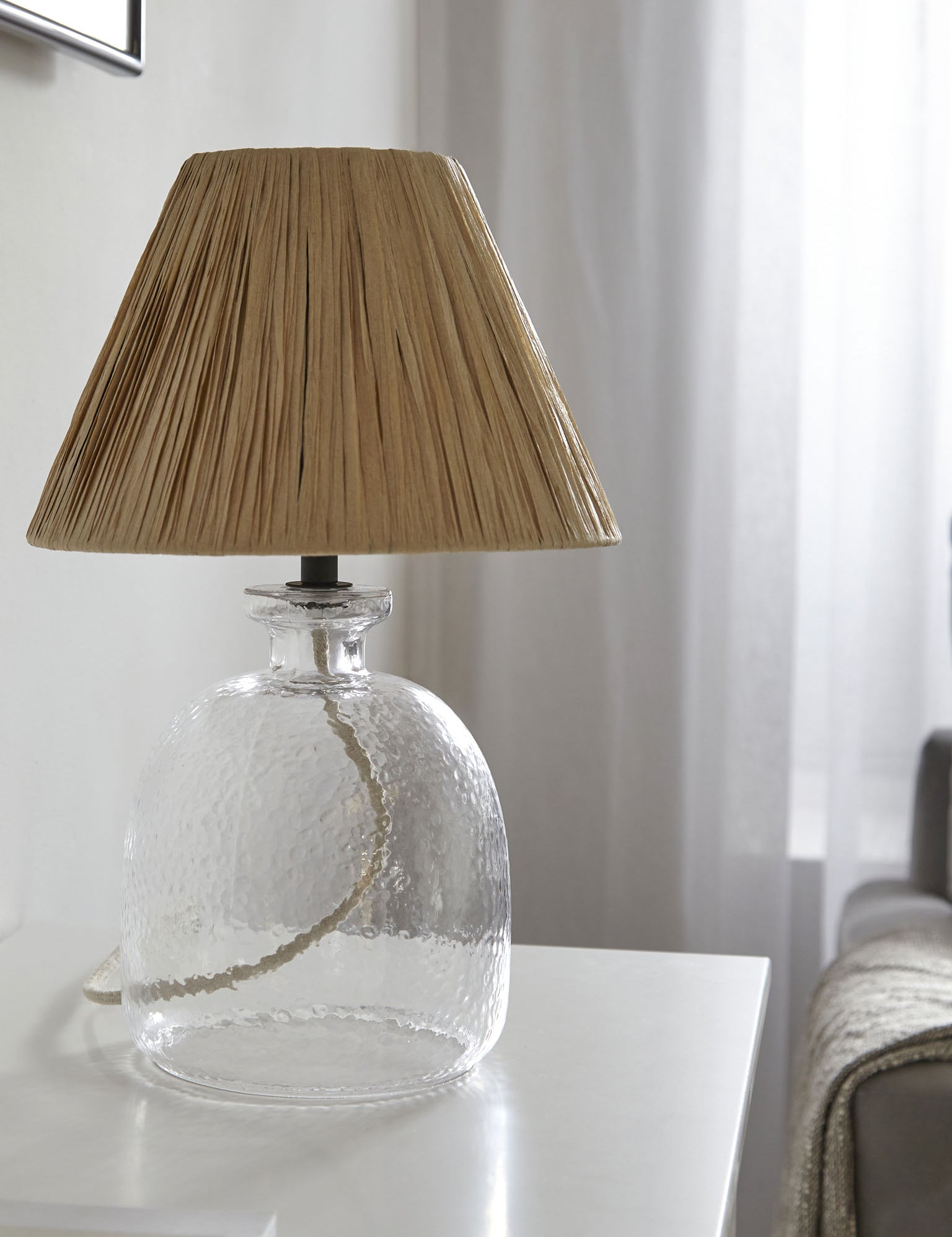 glass lamp with raffia shade