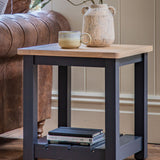 oak top, farmhouse style side table in dark navy