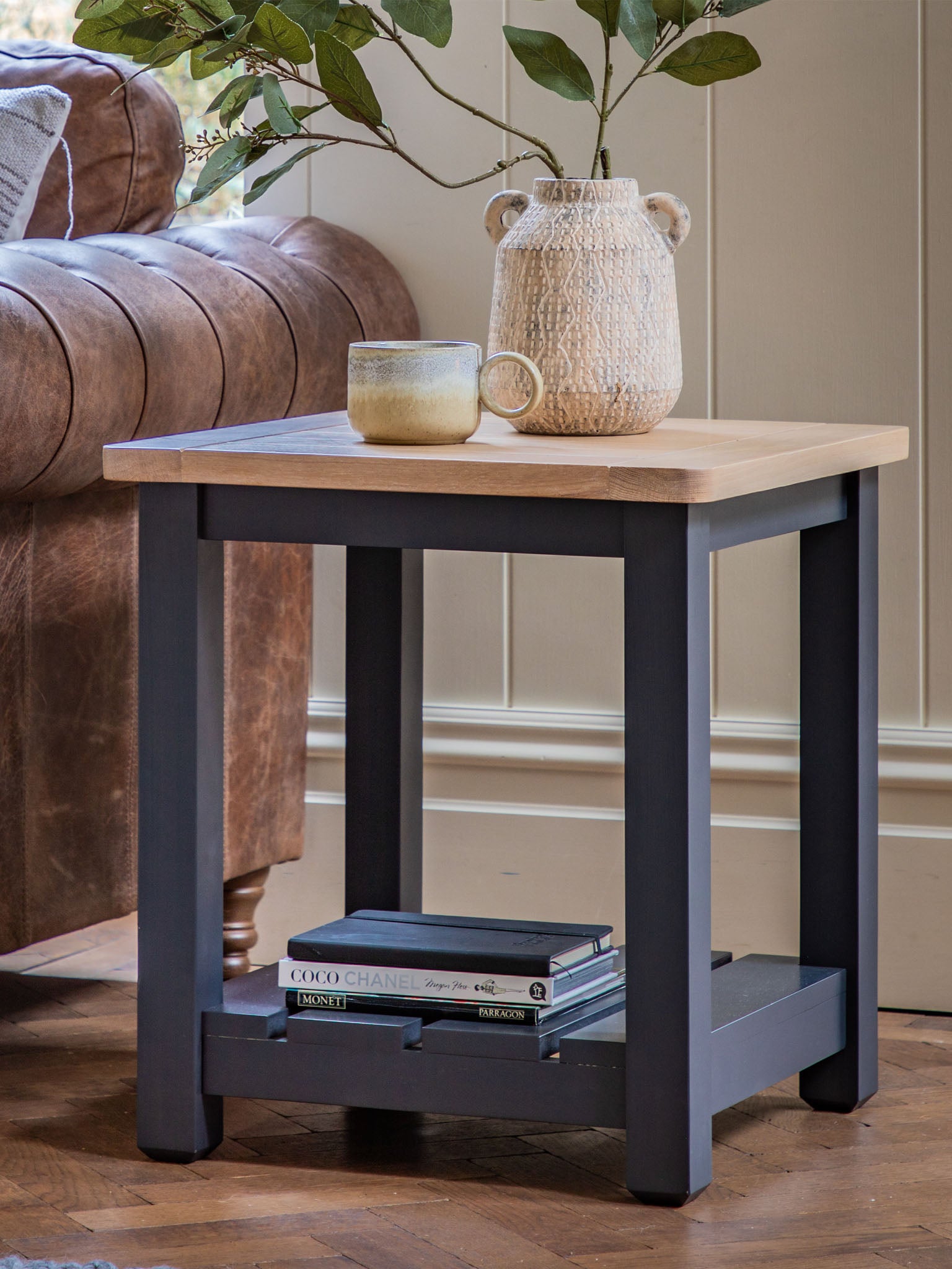 oak top, farmhouse style side table in dark navy