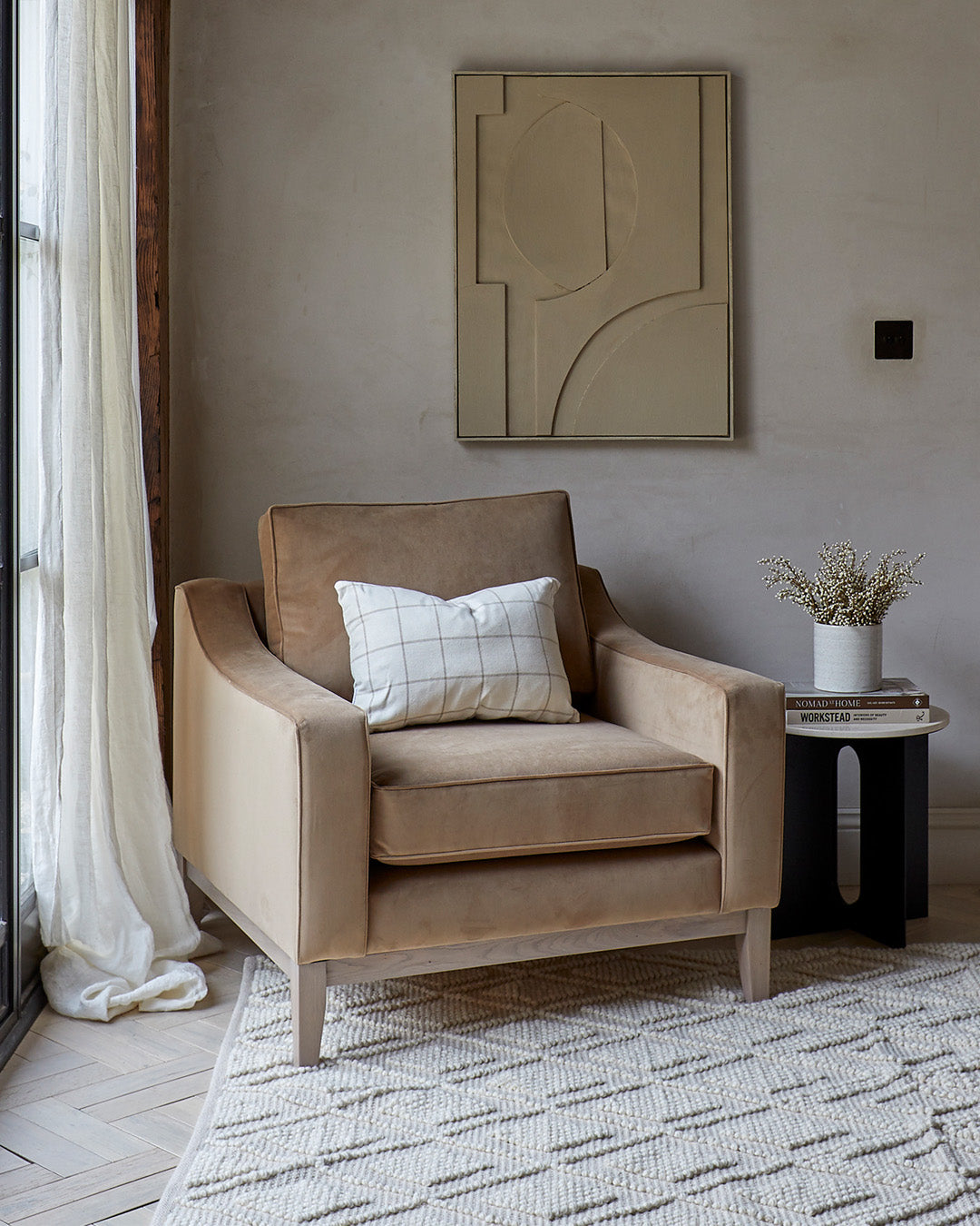 brown velvet armchair cream rug brown arm work black windows