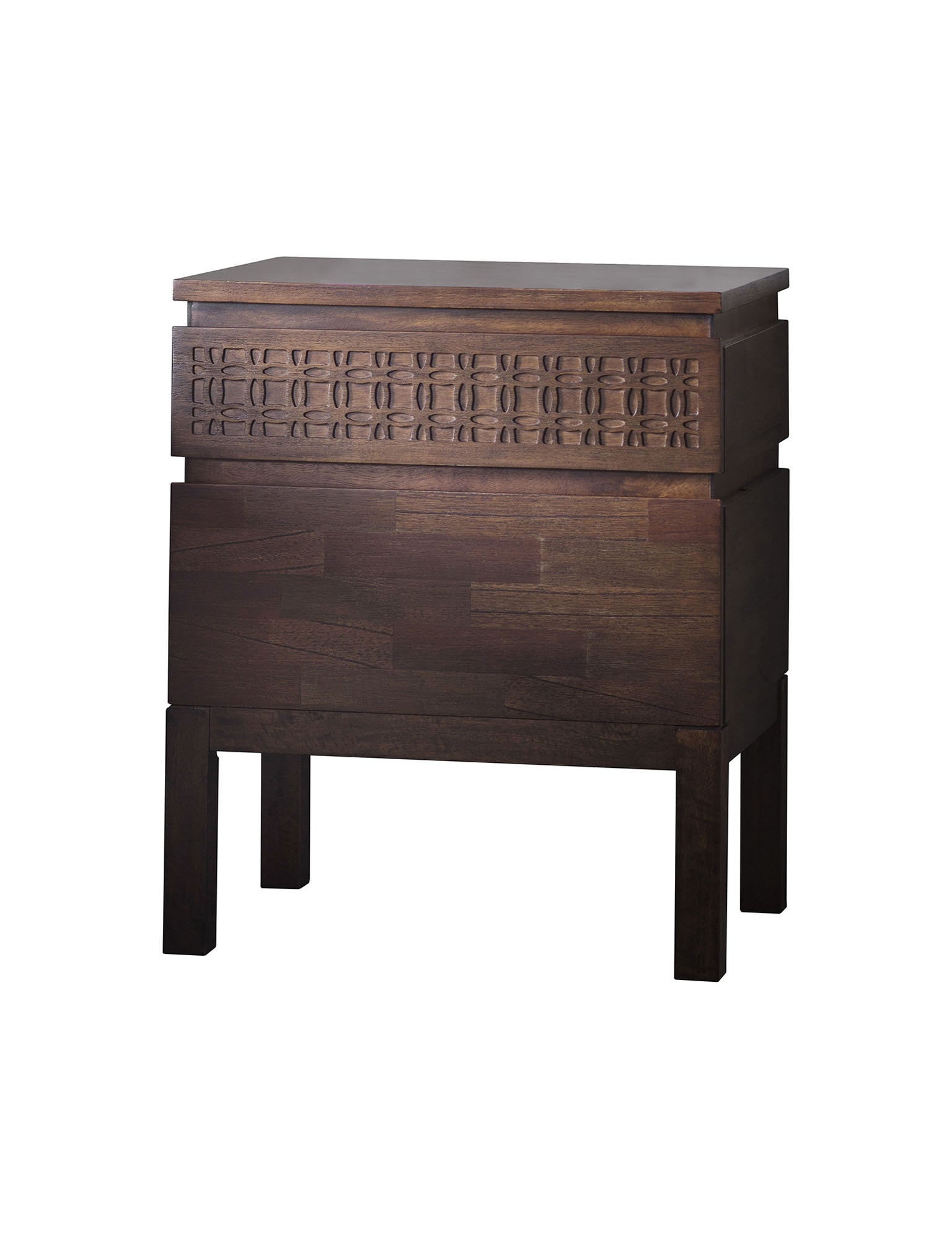 Agra Bedside Two Drawer Chest in Teak, Mahogany, Mindy Ash and Mango Wood