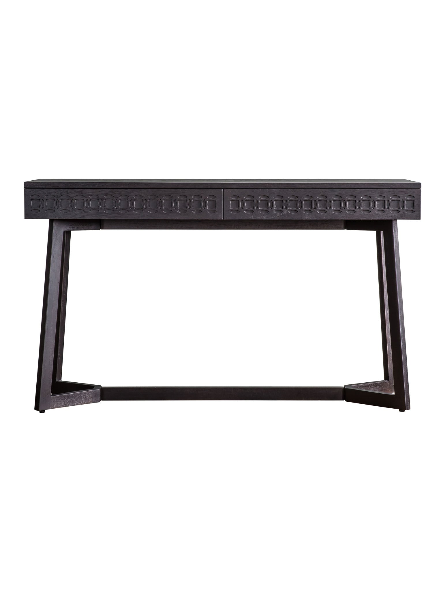 Black two drawer desk with patterned frieze