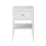 White one drawer oak wood bedside table with gold coloured square handle