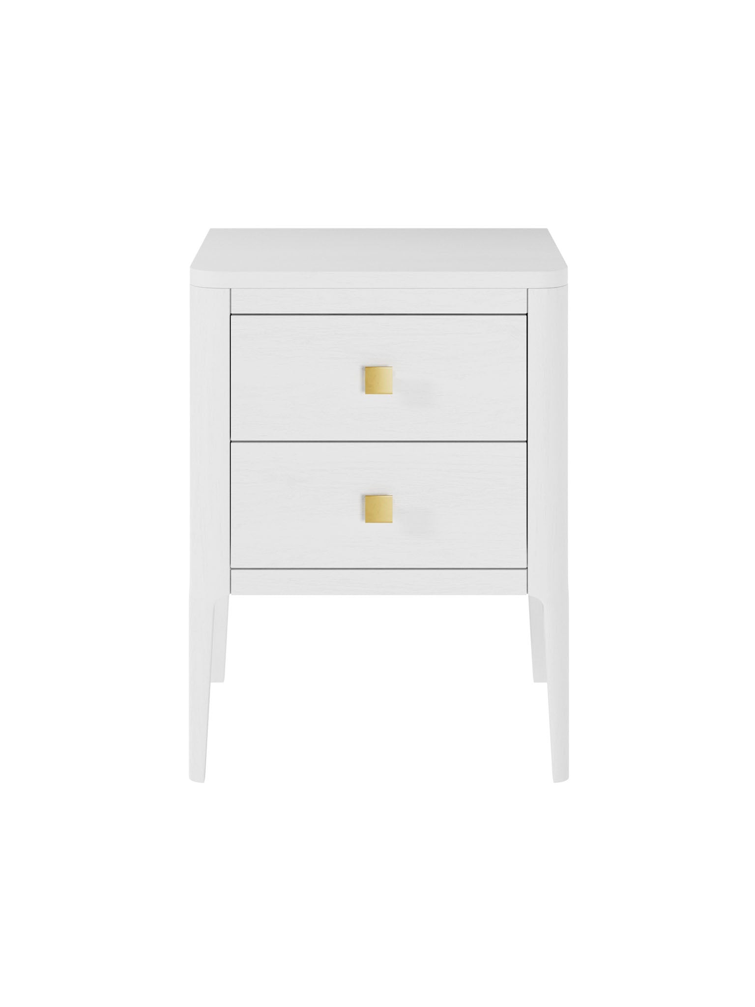 White Two Drawer Oak Bedside Table with gold coloured square handles