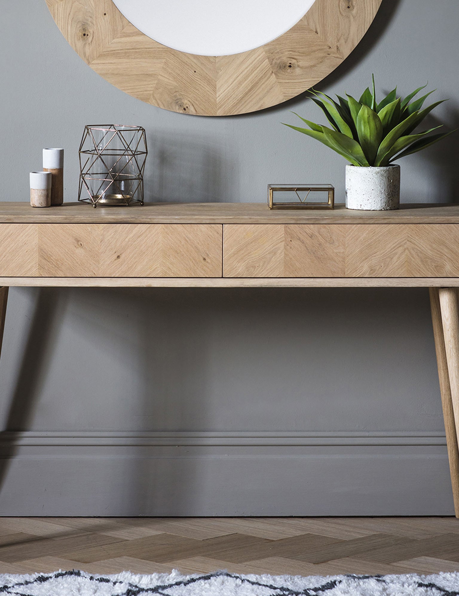 Oak two drawer console table with chevron design