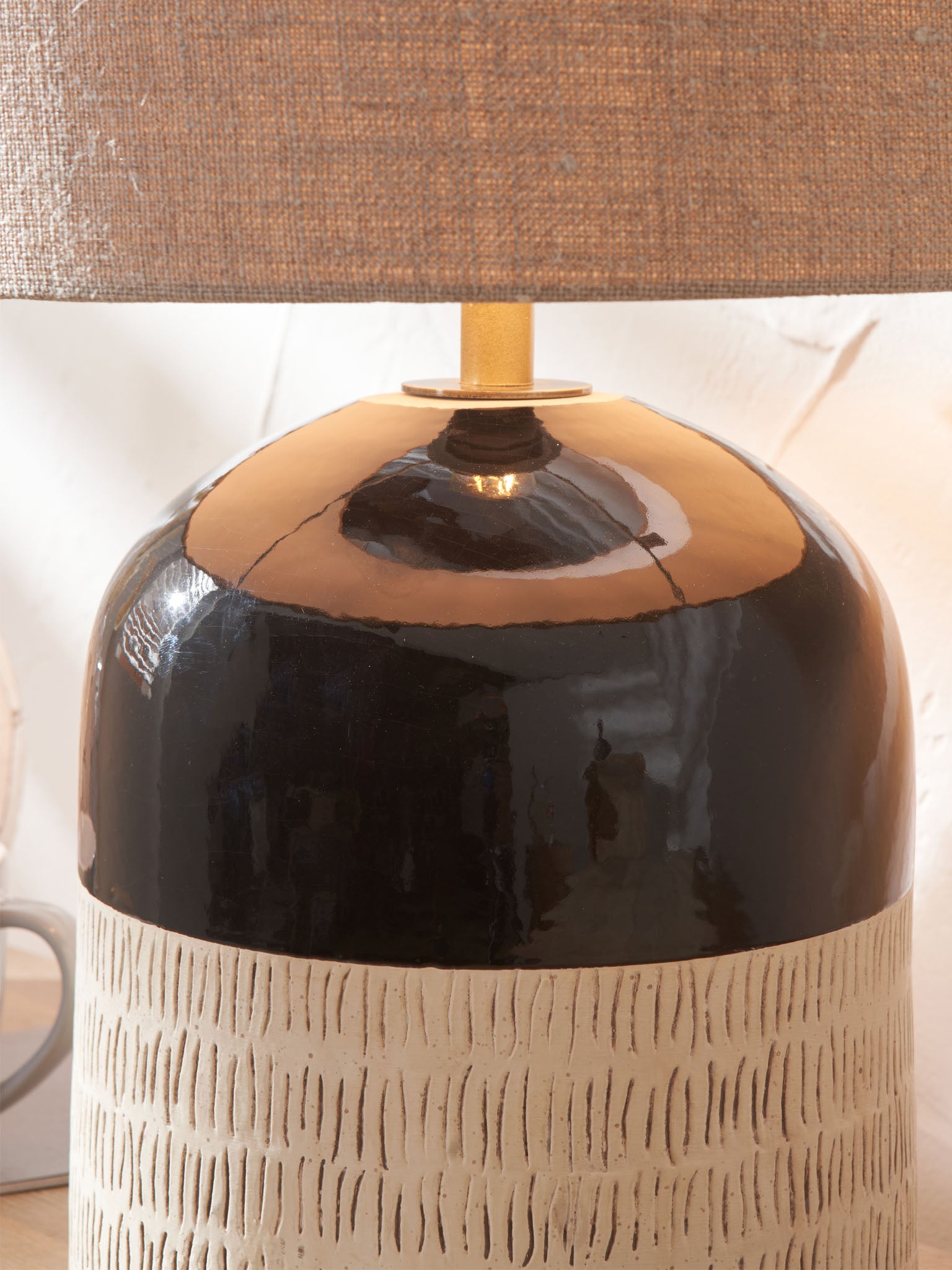 Charlotte Black and Natural Stoneware Table Lamp with Edward 35cm Natural Linen Cylinder Shade