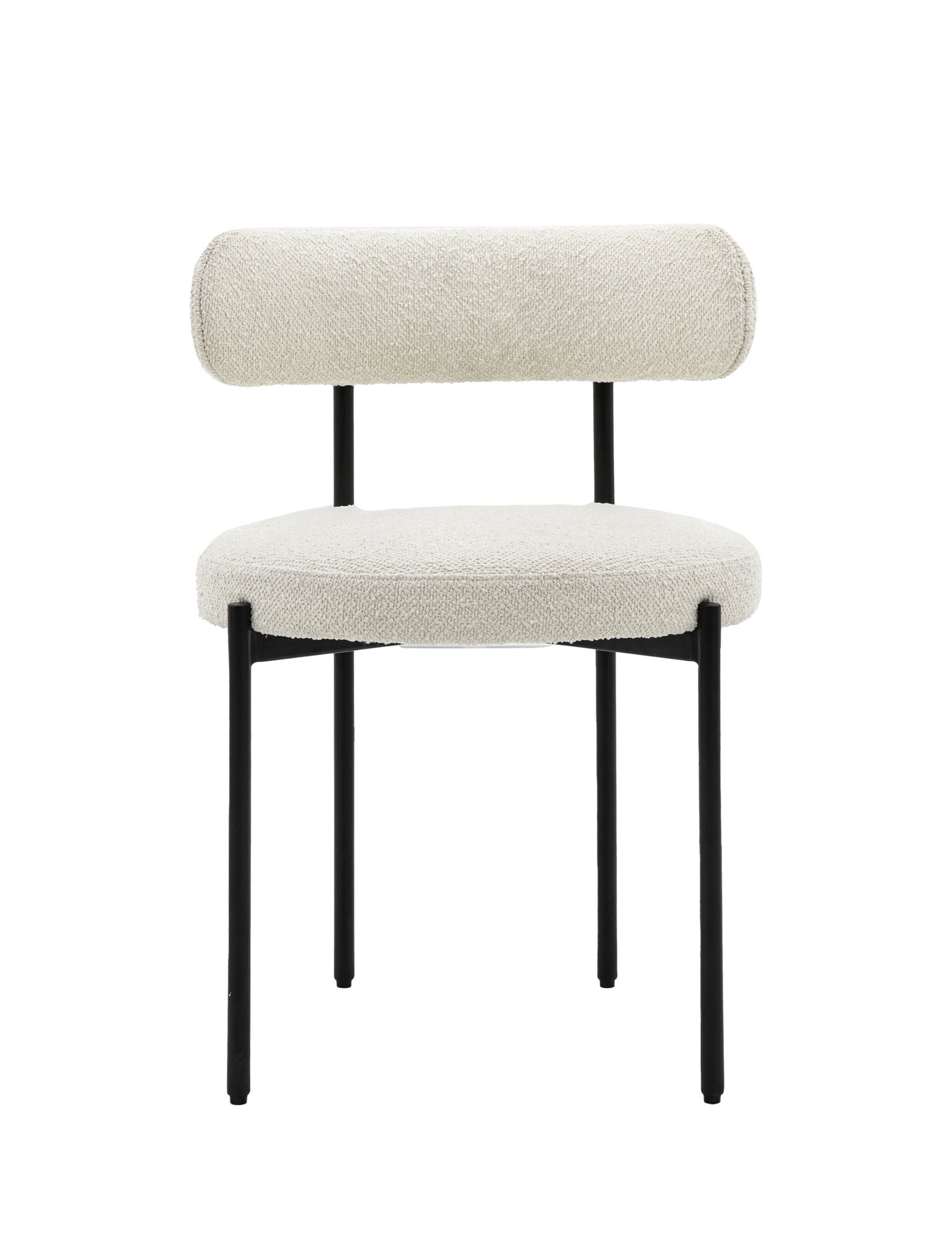 Dining chair upholstered in cream fabric with black metal legs