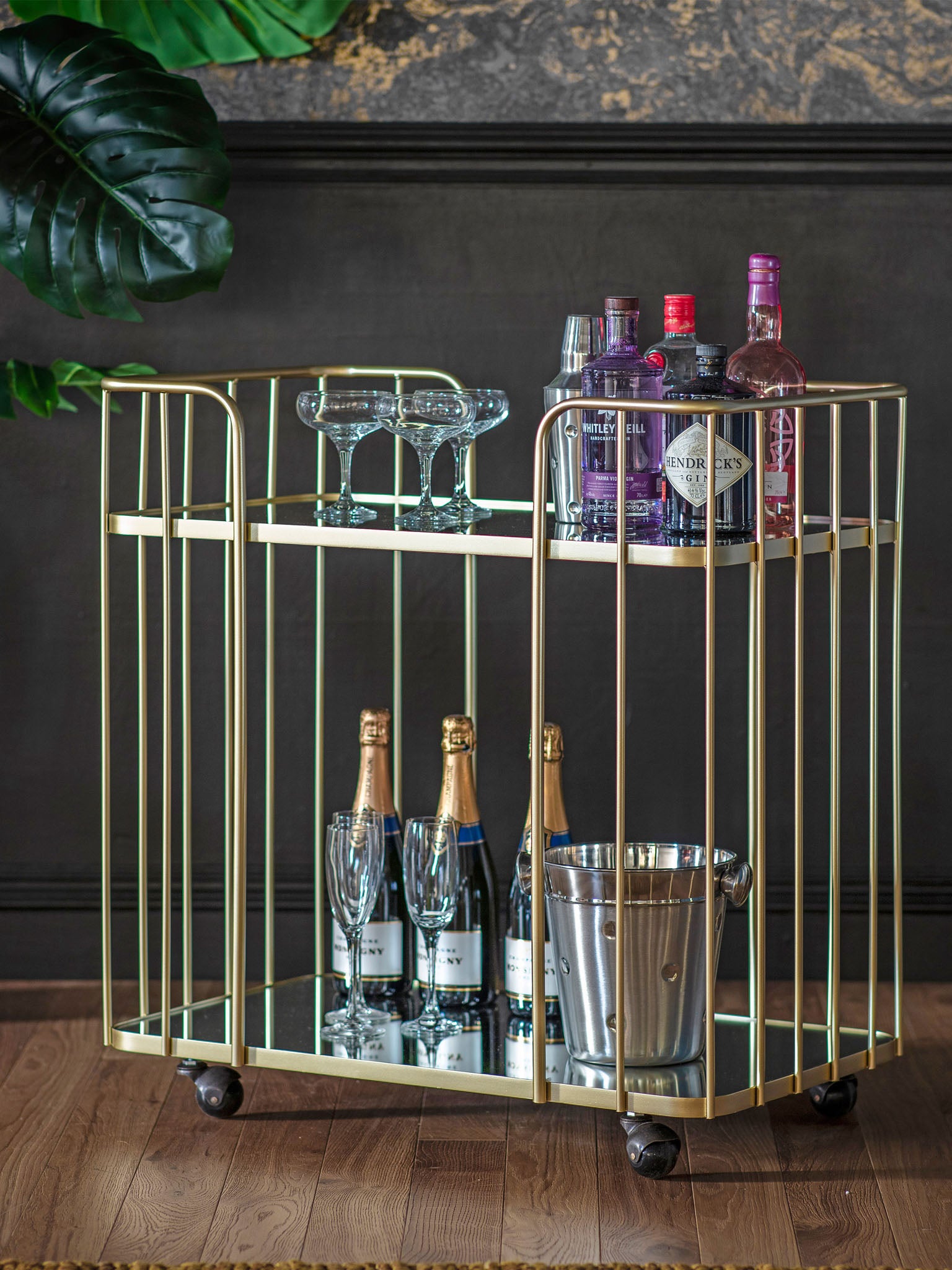 Art Deco Style Metal Drinks Trolley on castors in Champagne and Bronze