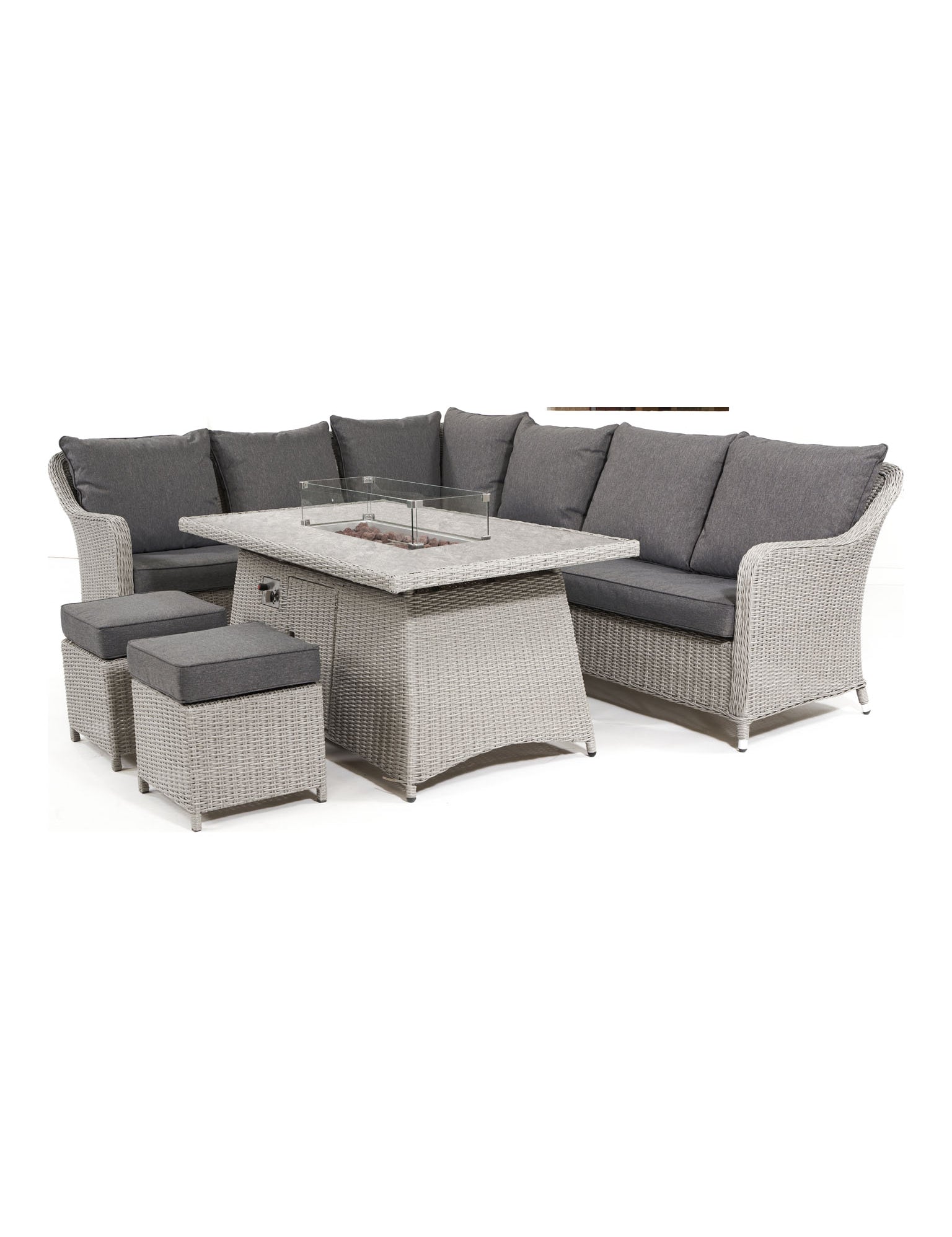 Relaxed Dining outdoor furniture with adjustable table is made from a UV protected, weatherproof, synthetic rattan. 
