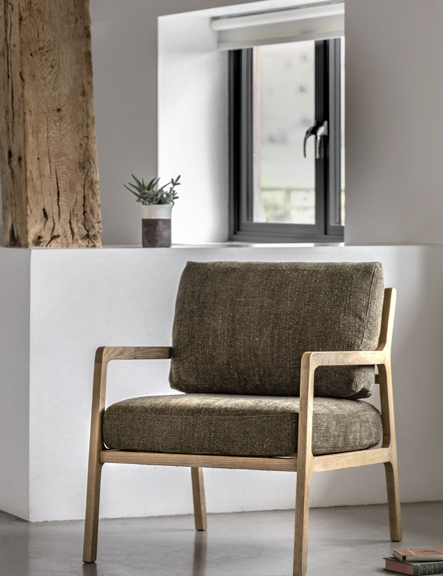 Retro style Moss Green armchair with Wooden arms