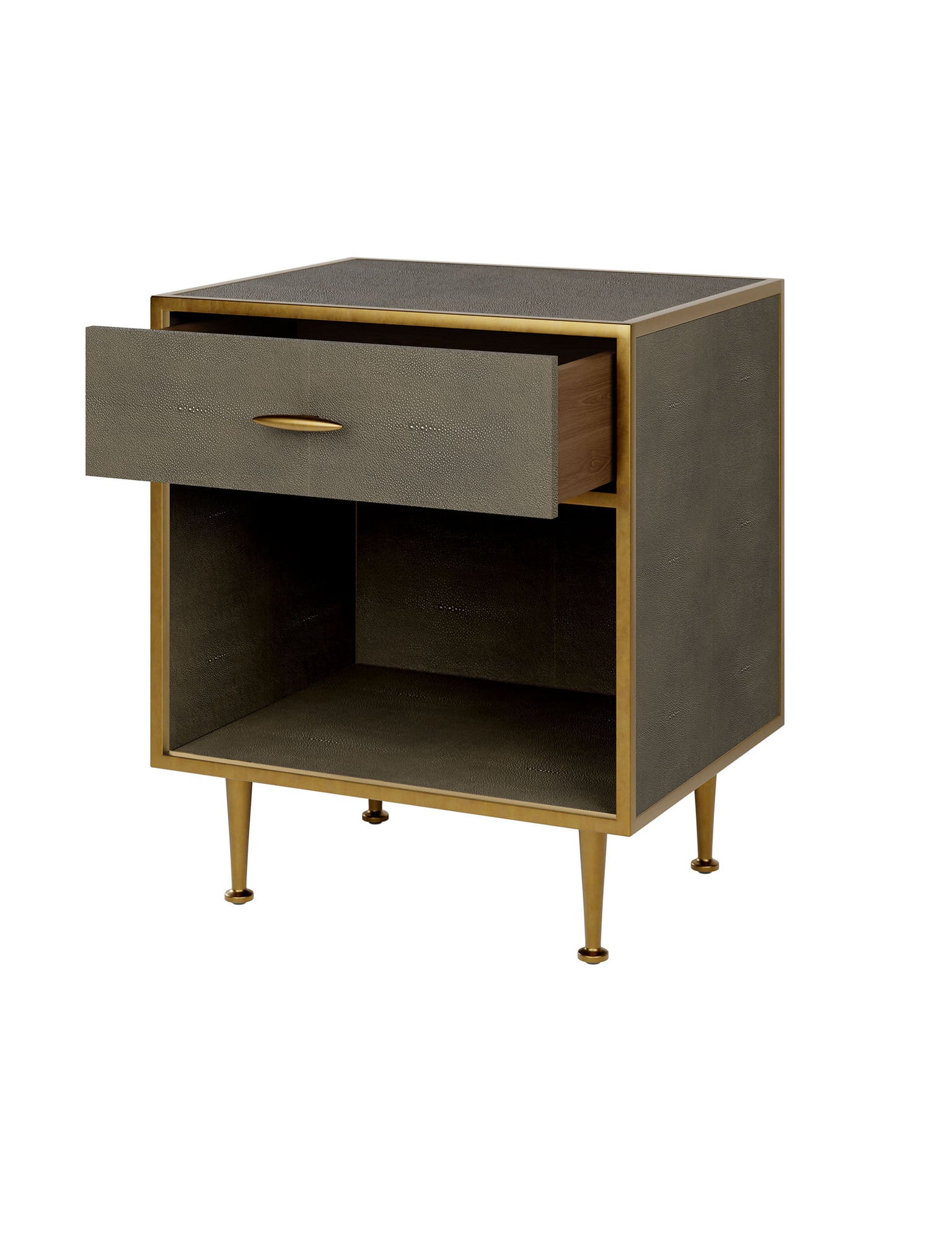 Bedside Table in Grey Shagreen with Antique Brass Accents