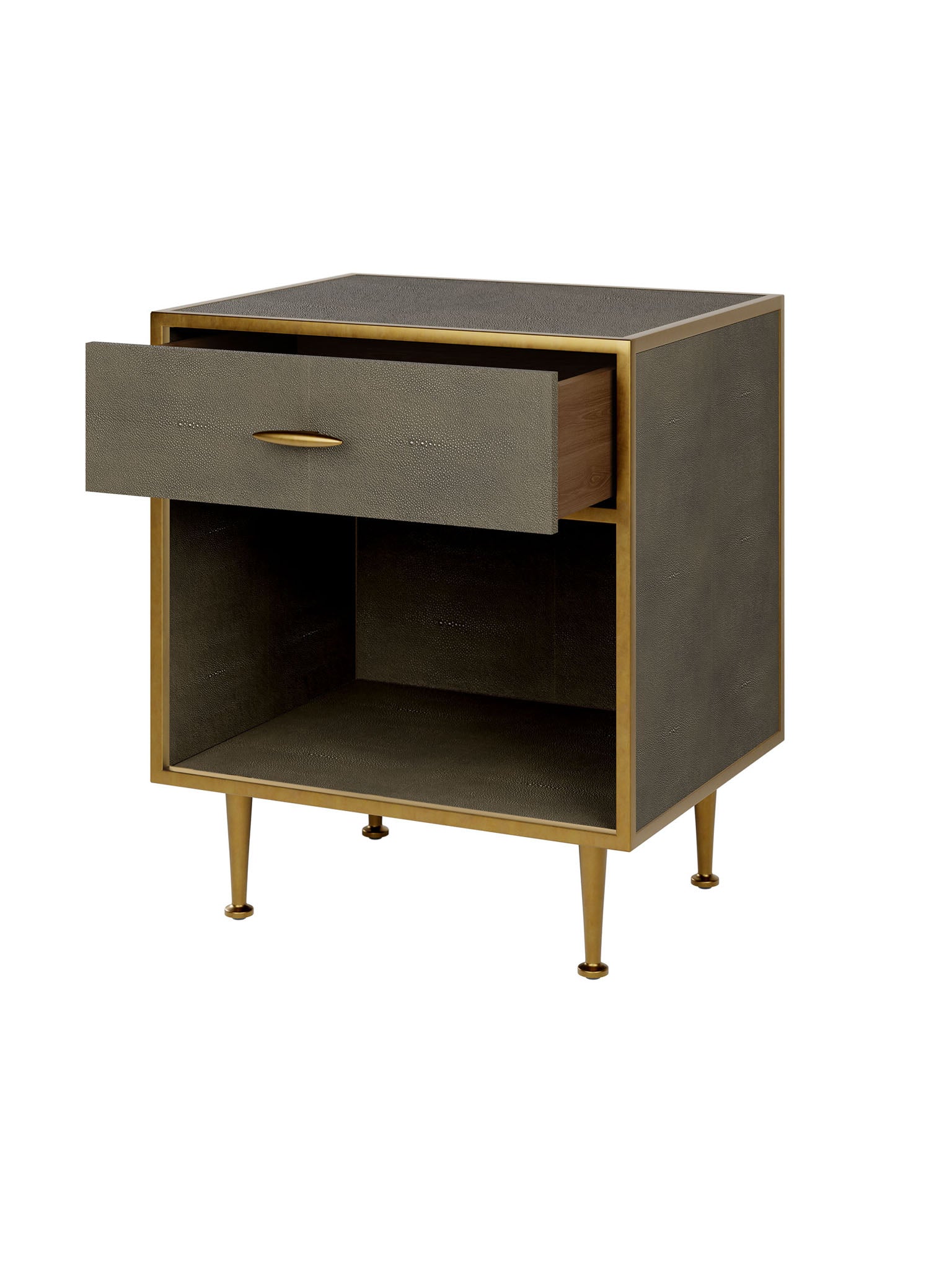 Bedside Table in Grey Shagreen with Antique Brass Accents