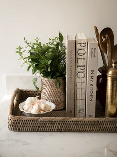 rattan tray with kitchen accessories