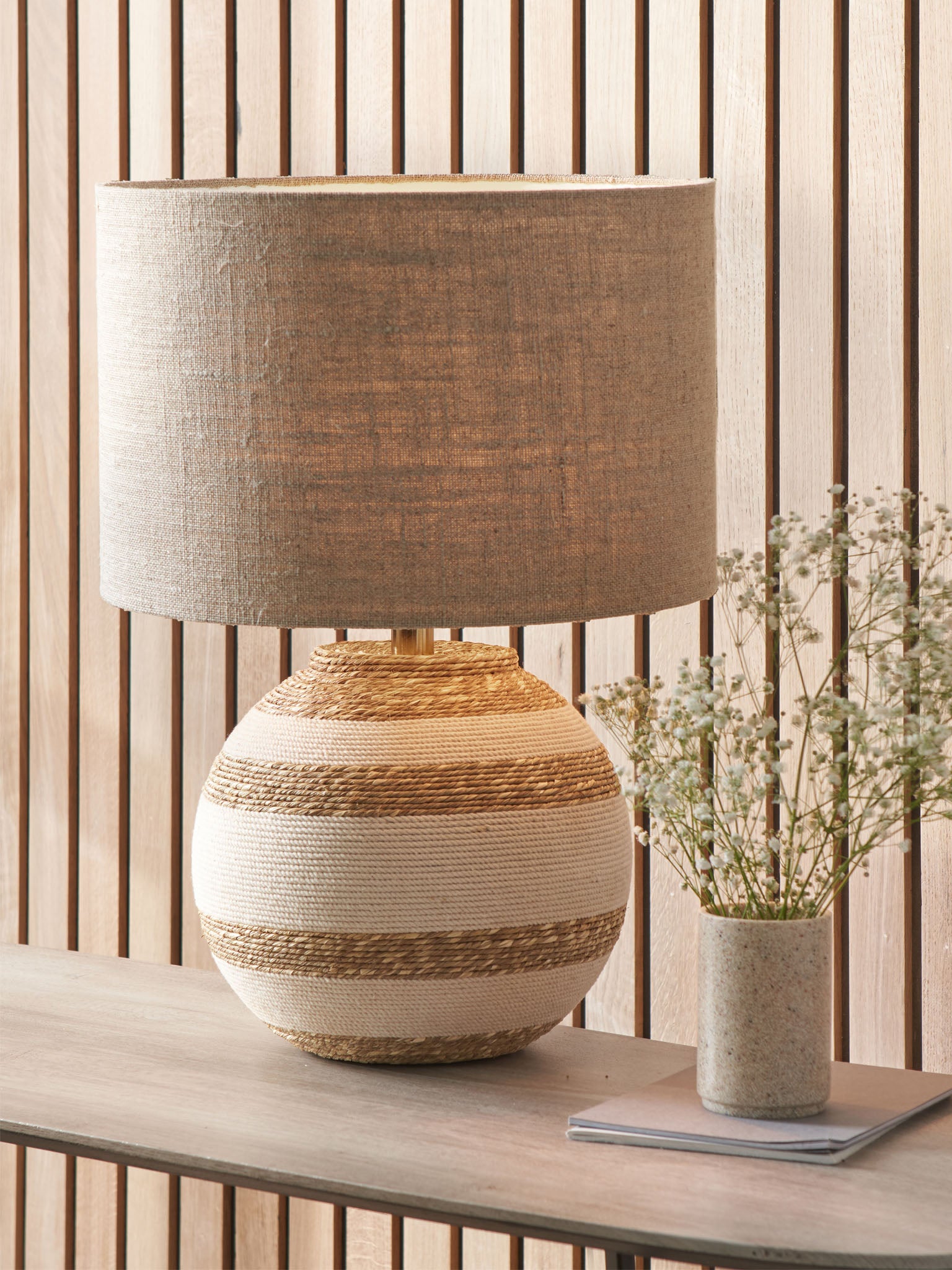 Tula Cream and Natural Sea Grass Round Table Lamp with Edward 35cm Natural Linen Cylinder Shade