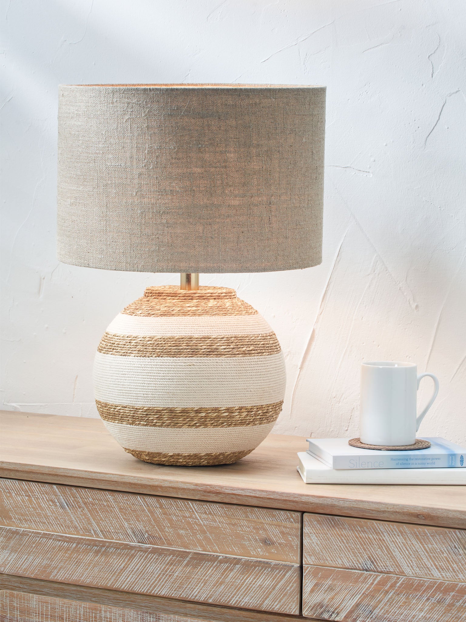 Tula Cream and Natural Sea Grass Round Table Lamp with Edward 35cm Natural Linen Cylinder Shade