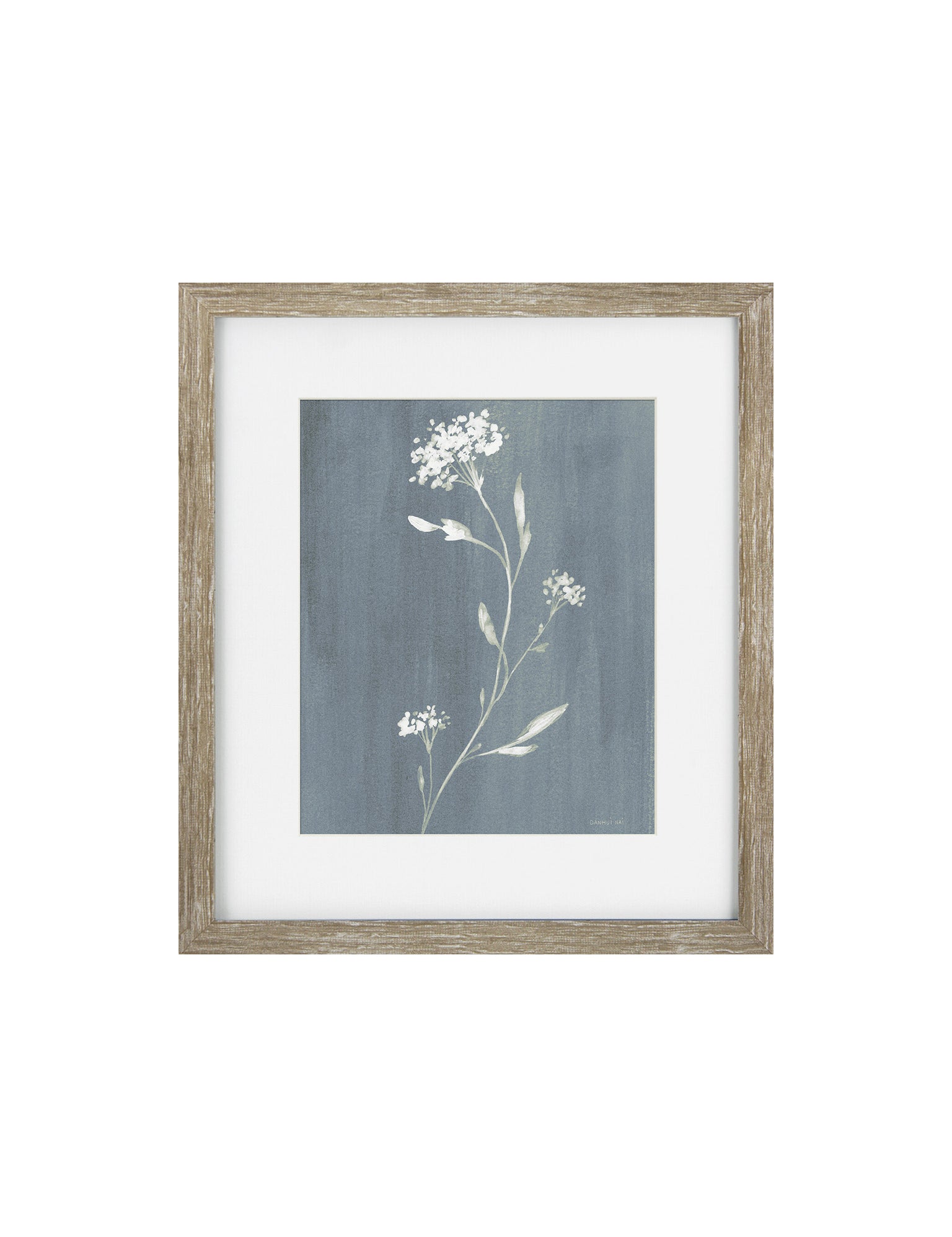 Framed botanical art print featuring delicate white wildflower stems on a textured slate blue background, enclosed in a white mat and a rustic light brown wood frame.