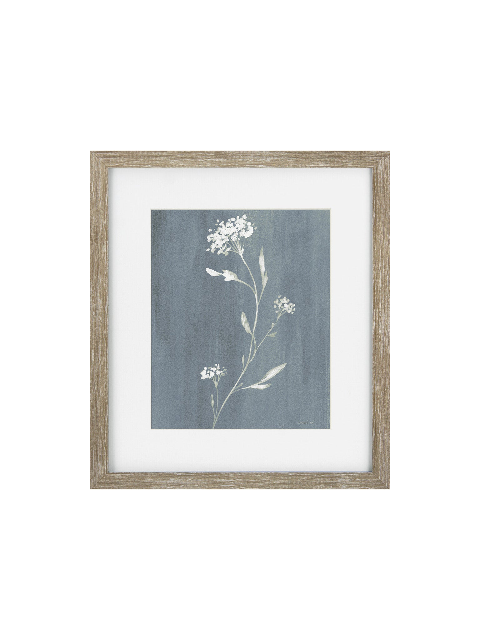 Framed botanical art print featuring delicate white wildflower stems on a textured slate blue background, enclosed in a white mat and a rustic light brown wood frame.