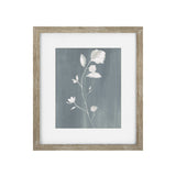 Framed botanical art print featuring white flowers on a textured slate blue-gray background, enclosed in a white mat and a rustic light brown wood frame.