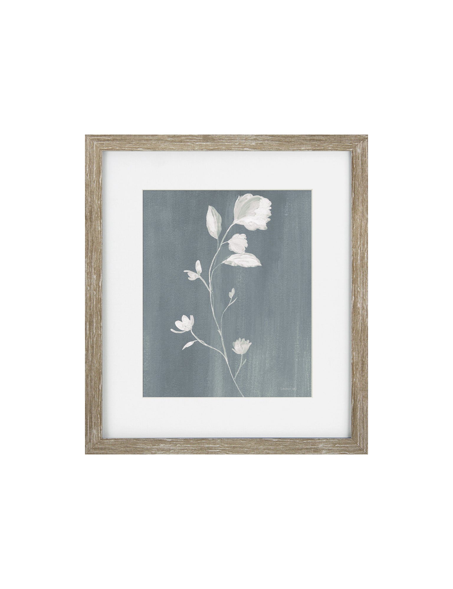 Framed botanical art print featuring white flowers on a textured slate blue-gray background, enclosed in a white mat and a rustic light brown wood frame.