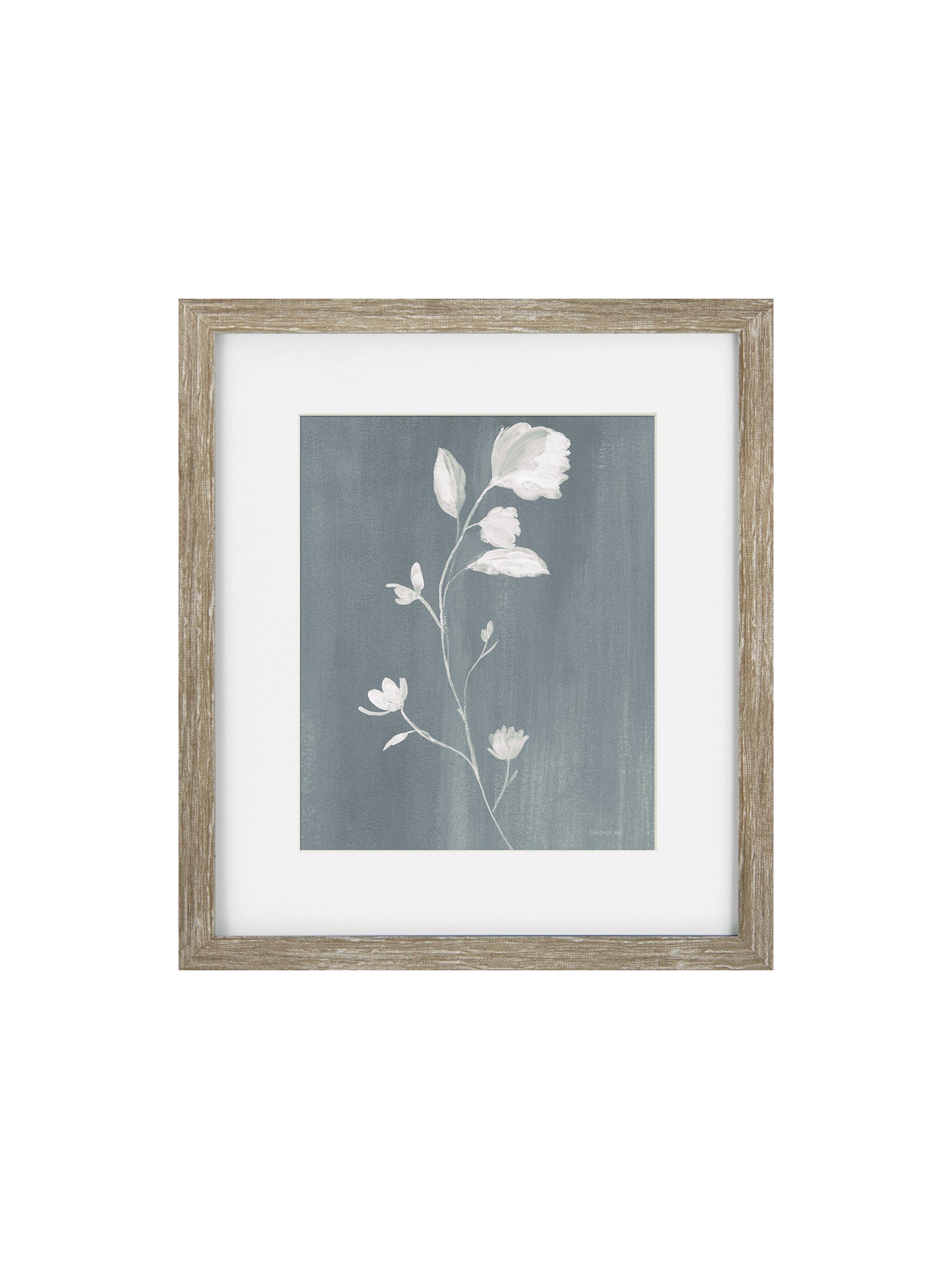 Framed botanical art print featuring white flowers on a textured slate blue-gray background, enclosed in a white mat and a rustic light brown wood frame.