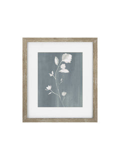 Framed botanical art print featuring white flowers on a textured slate blue-gray background, enclosed in a white mat and a rustic light brown wood frame.