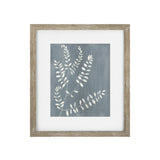 Framed botanical art print featuring white leafy stems on a textured slate blue background, enclosed in a white mat and a rustic light brown wooden frame.