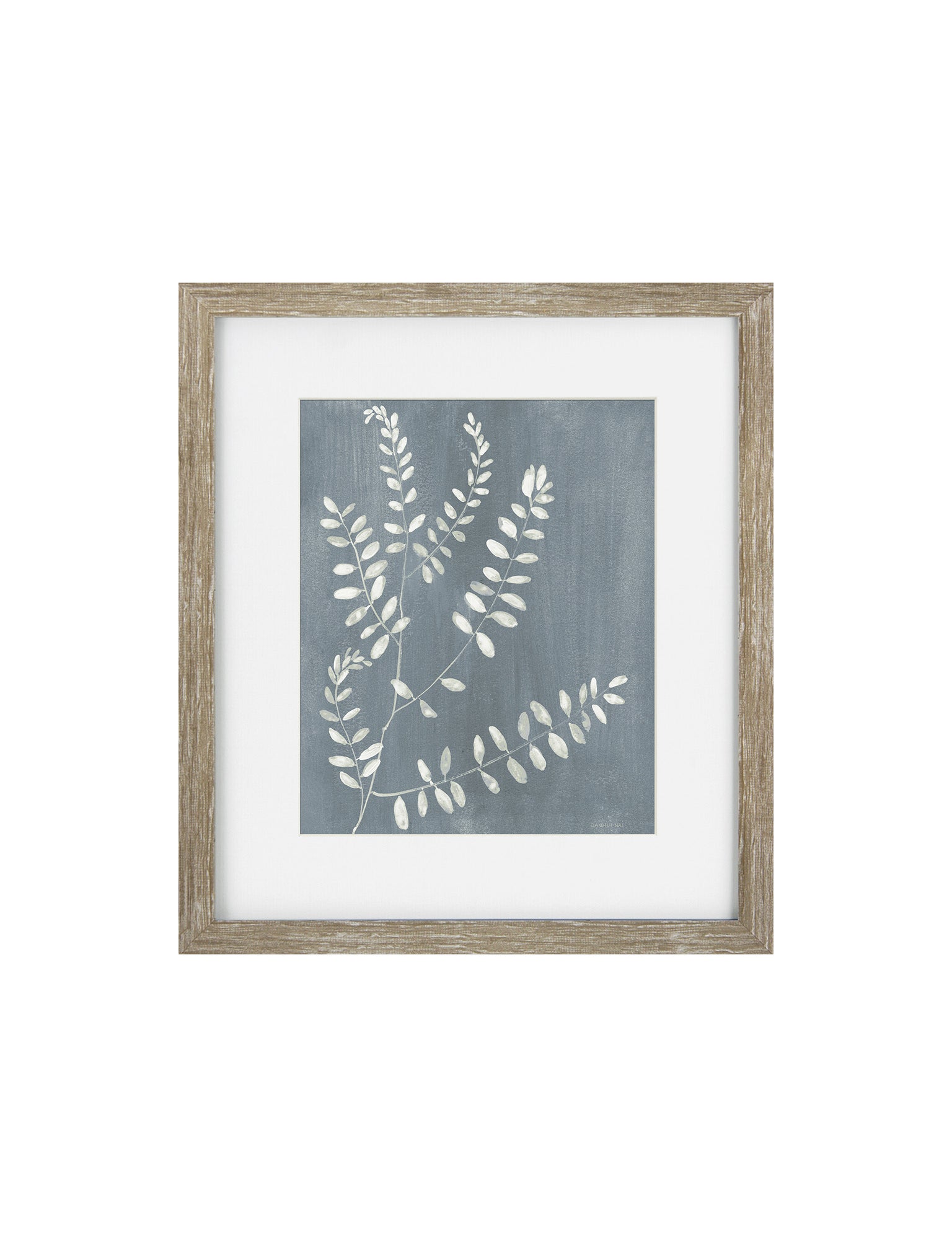 Framed botanical art print featuring white leafy stems on a textured slate blue background, enclosed in a white mat and a rustic light brown wooden frame.
