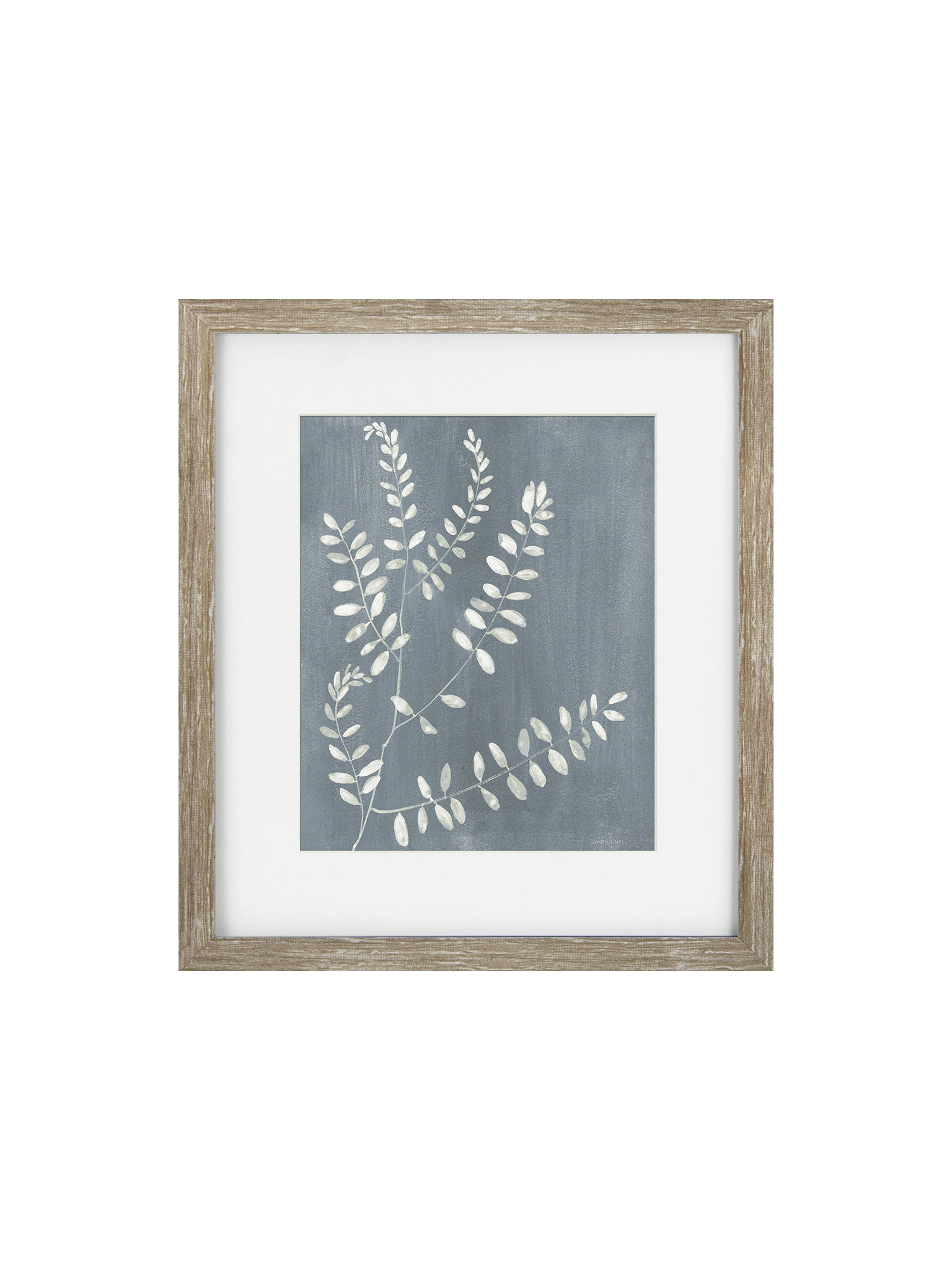 Framed botanical art print featuring white leafy stems on a textured slate blue background, enclosed in a white mat and a rustic light brown wooden frame.