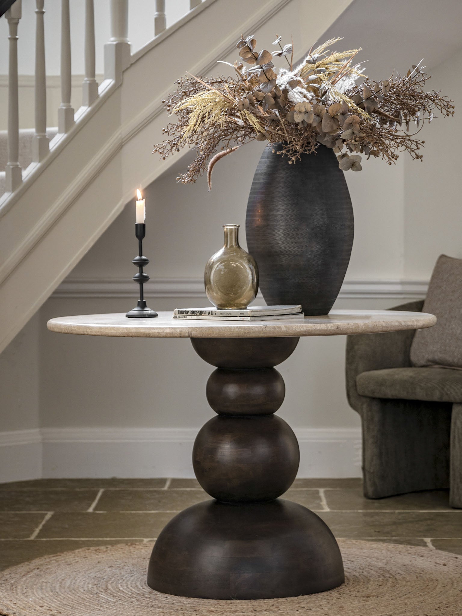 Travertine top round dining table