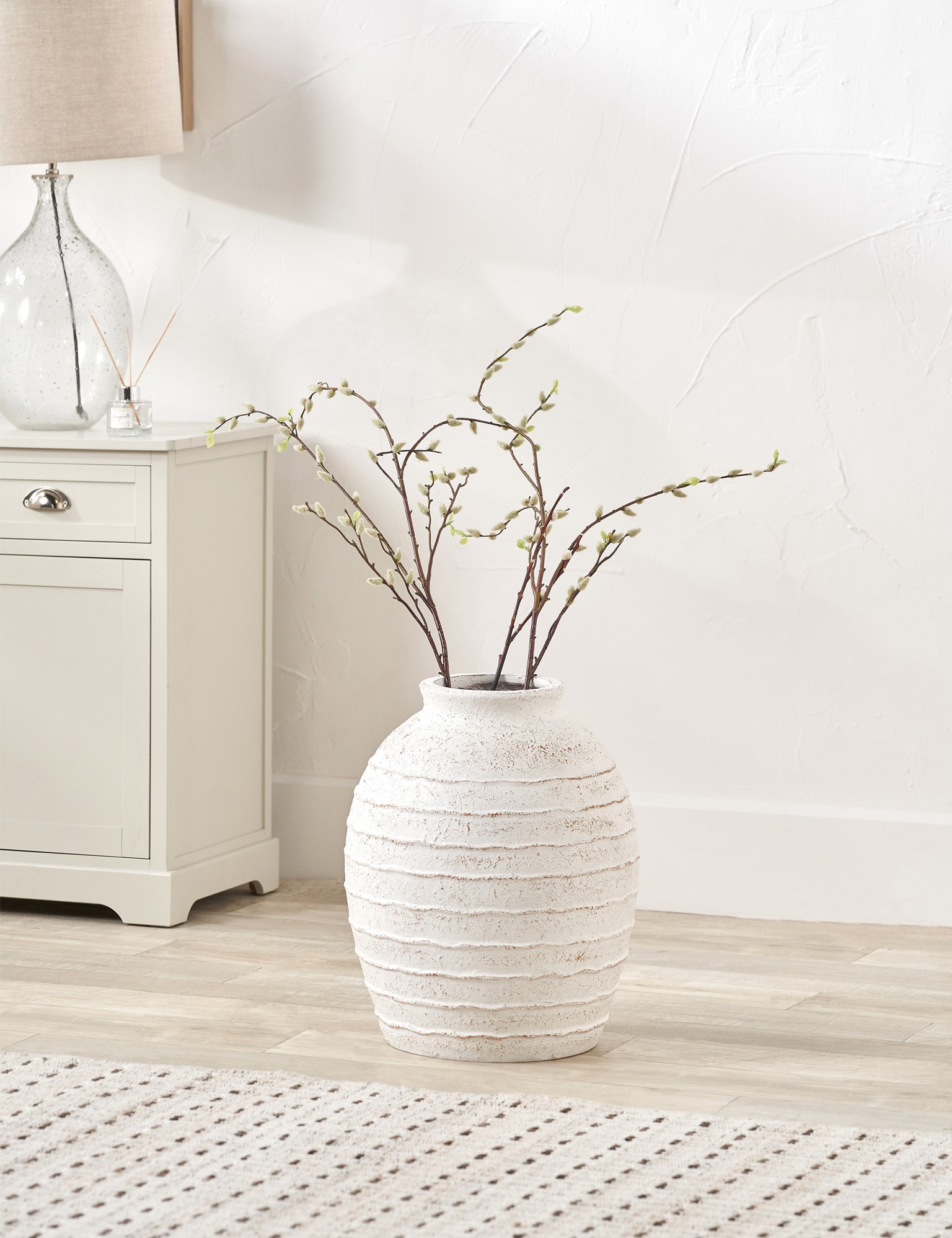 White Wash Fibrestone Decorative Ribbed Vase