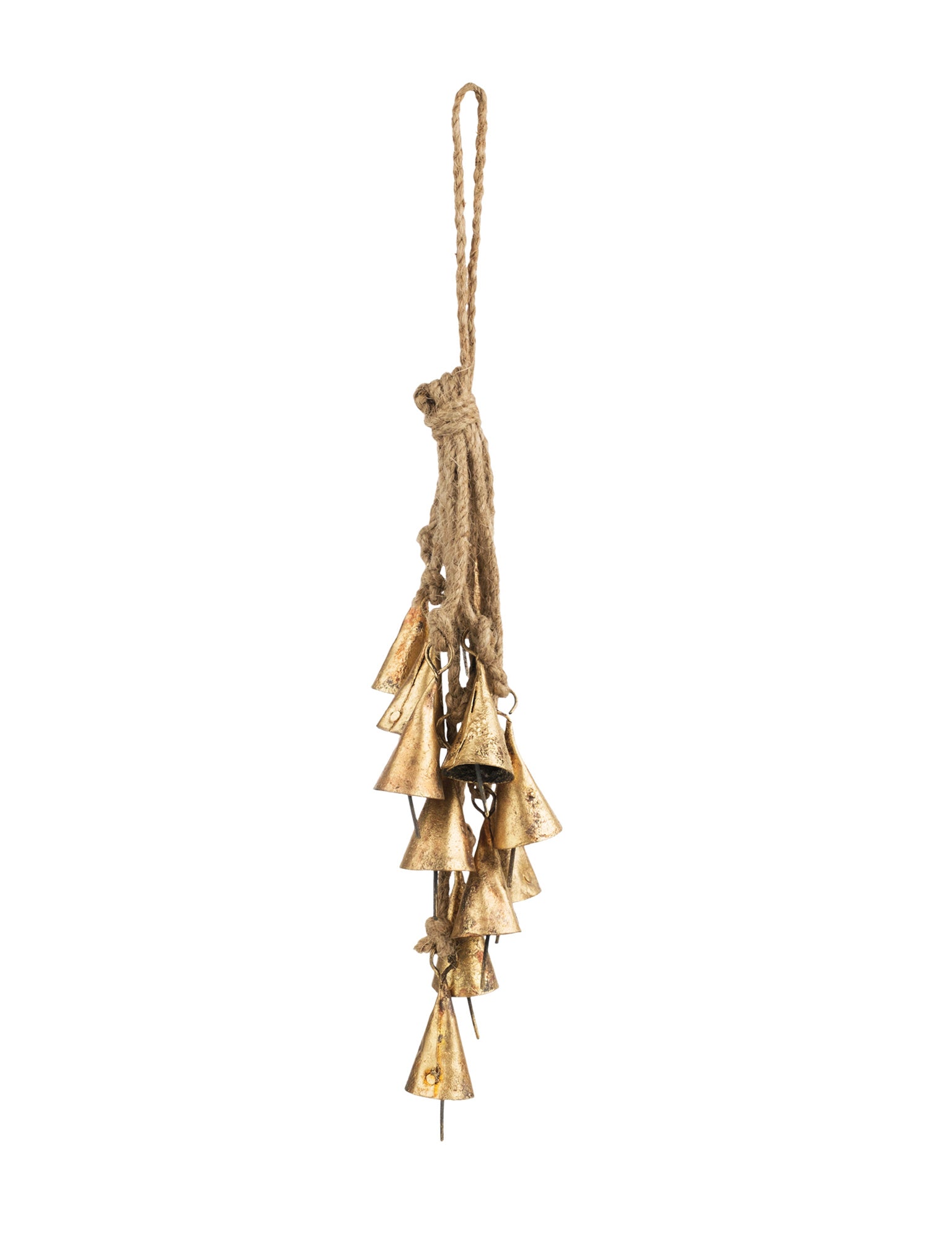 Decorative hanging gold bell ornament on a white background