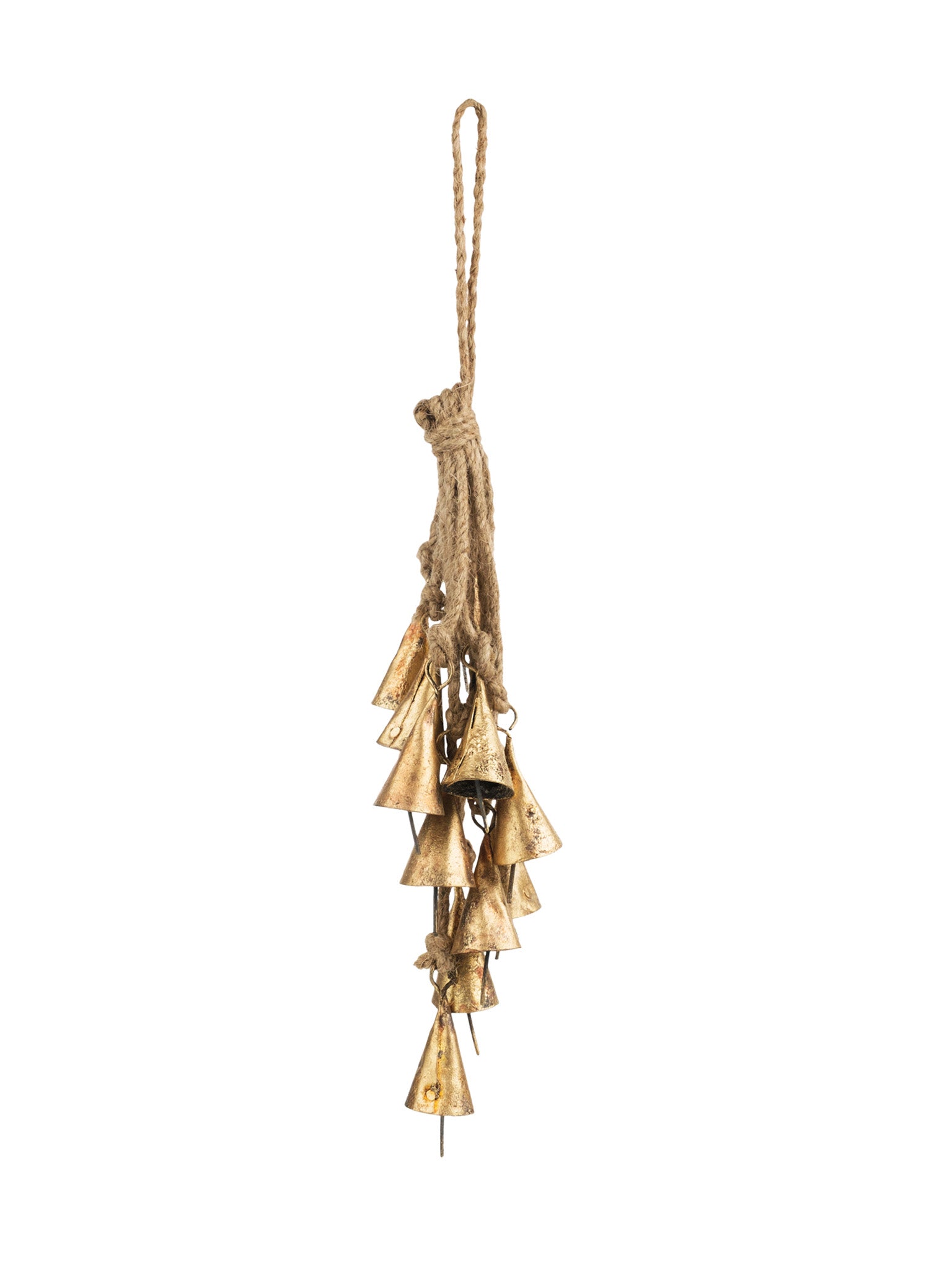 Decorative hanging gold bell ornament on a white background