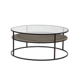 Two-tiered coffee table with glass top and metal frame on a white background