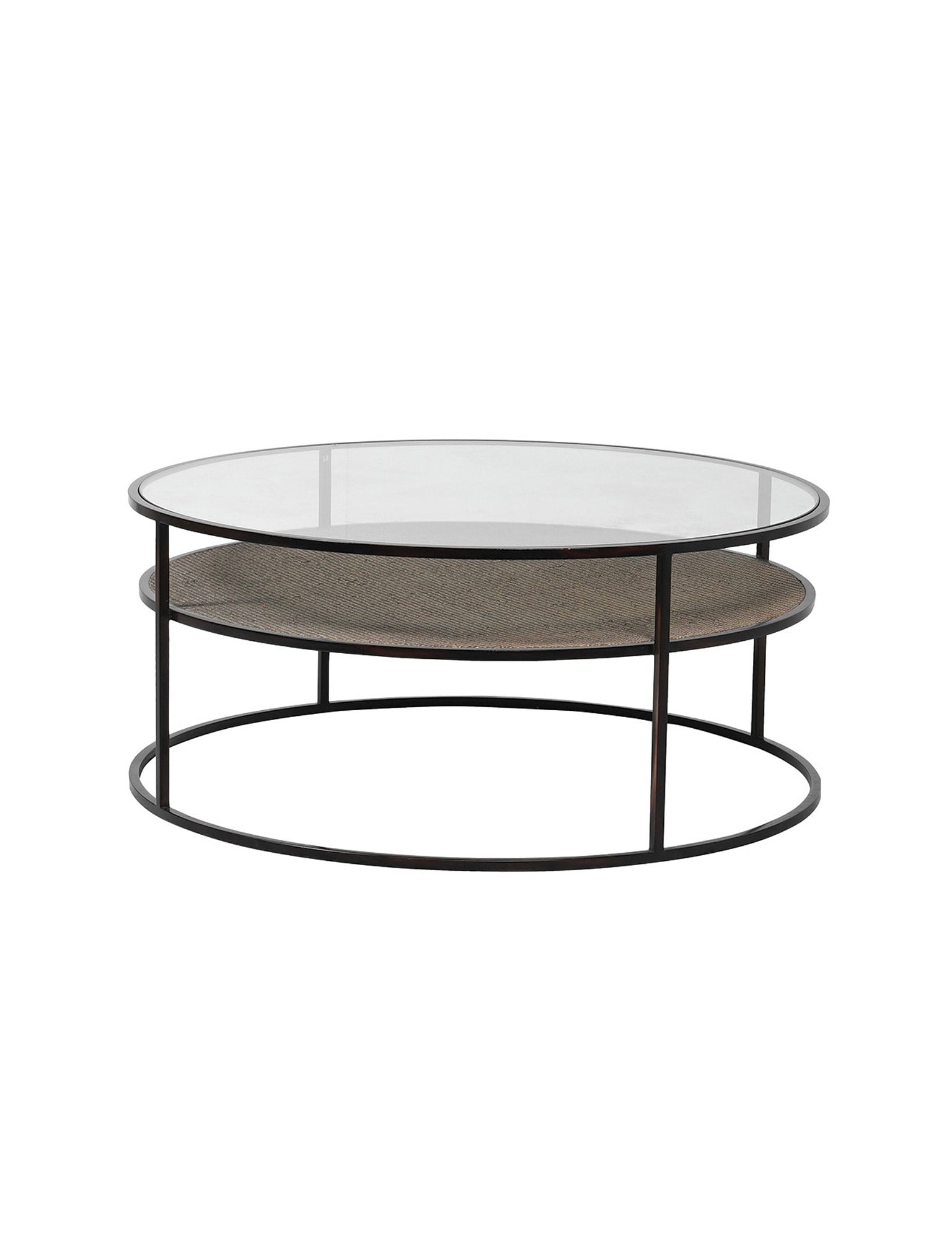 Two-tiered coffee table with glass top and metal frame on a white background