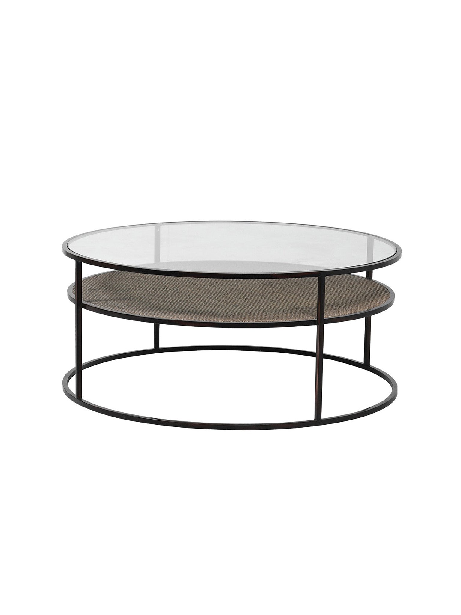 Two-tiered coffee table with glass top and metal frame on a white background