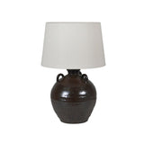 black table lamp with handles and a white shade