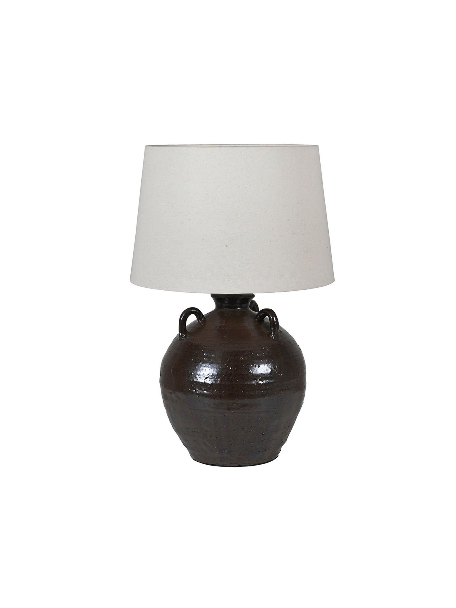 black table lamp with handles and a white shade