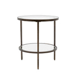 Round side table with two glass shelves on a white background