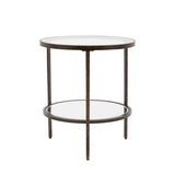 Round side table with two glass shelves on a white background