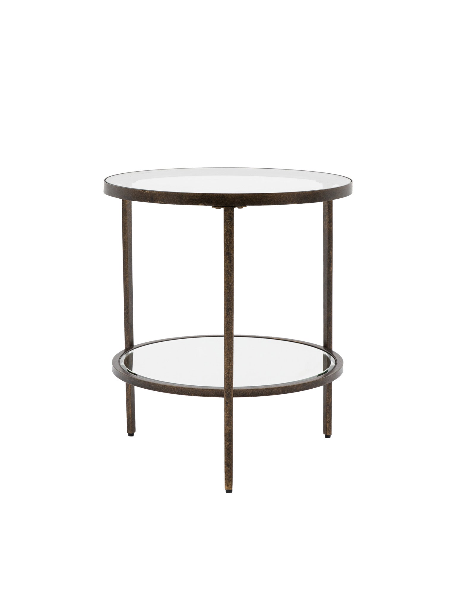Round side table with two glass shelves on a white background