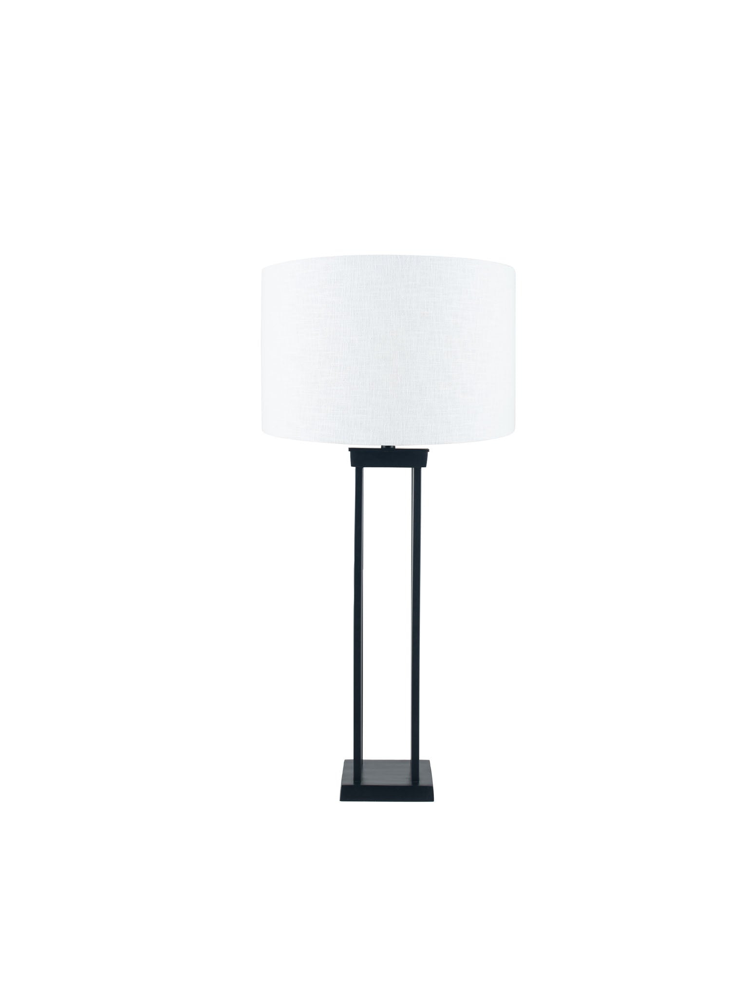 black column lamp base with taupe cylinder shade