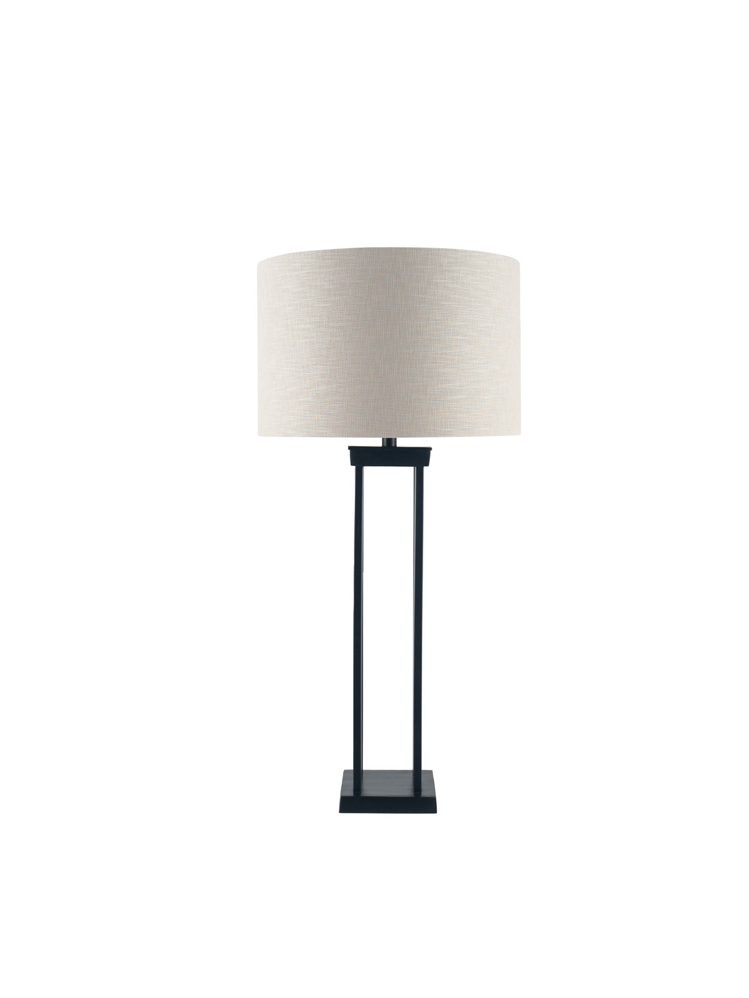 black column lamp base with taupe cylinder shade